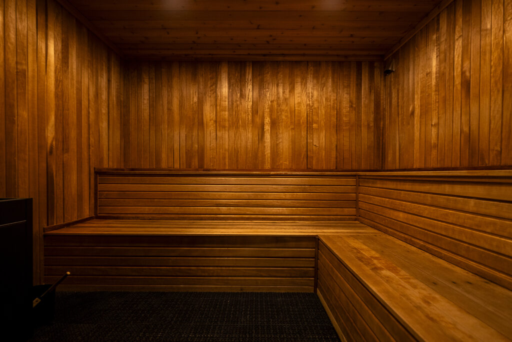 Empty cedar sauna at the Lounge @ the Bunker with tiered wooden benches